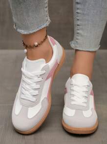 Dames platte schoenen met vetersluiting, ronde neus, kleurblokontwerp in roze, blauw, zwart, comfortabele sportschoenen voor casual, werk, uitgaan, lente/herfst