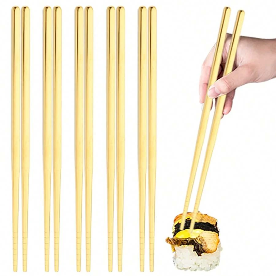 Jokipvy 5 أزواج من أدوات الأكل بالشرق الأقصى المصنوعة من الفولاذ المقاوم للصدأ بطلاء مرآة ذهبي، لاصقة ولا تنزلق مناسبة للحفلات والأعراس والمناسبات والمطاعم والفنادق كهدايا