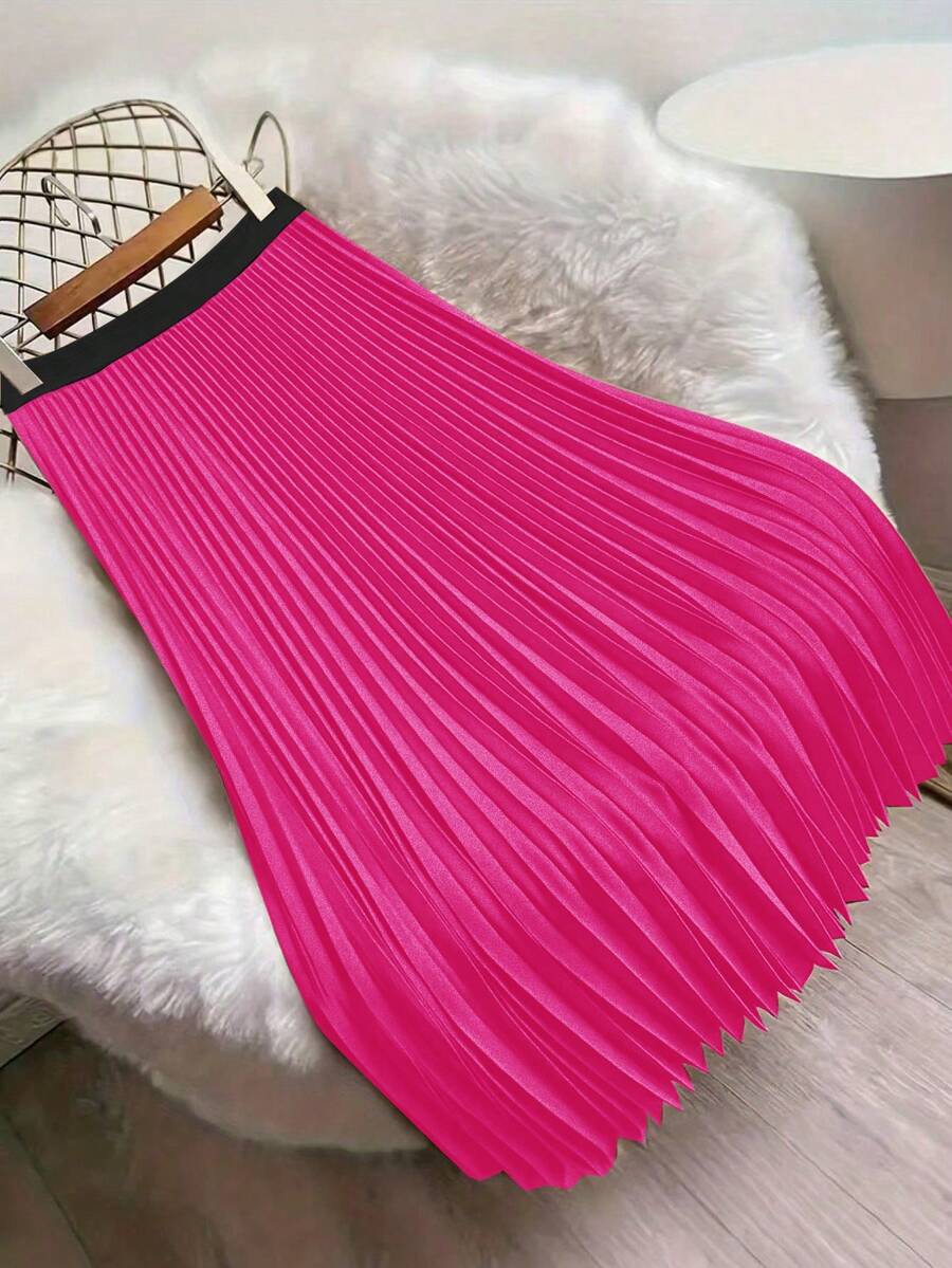 玫瑰红高腰褶裥A字中长裙，复古法式风格，通勤、约会、日常穿着皆宜，修身显瘦，优雅时尚，适合各种场合，春夏款。