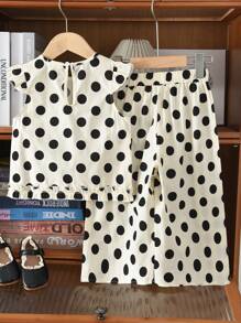 Young Girl 2pcs/Set Polka Dot Flutter Sleeve Round Neck Top + Wide Leg Long Pants Summer Outfits