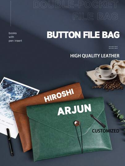 Customized Leather A4 Document Bag, Briefcase, Button Office Organization Handbag, High Capacity Personalized File Folder,Back To School,School Supplies