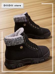 冬季女士纯色厚底保暖毛绒衬里休闲雪地靴 - 黑色 - 查看 2