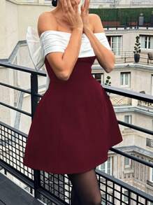 WOWDARK Damen Mode Schleife Off-Shoulder Kontrastfarben Kleid, Herbst