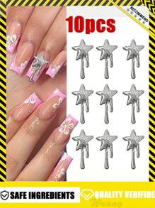 10pcs Luxury Silver Star Nail Jewelry Decorations, 3D Metal Crystal Rhinestone Shiny Nail Art Accessories, DIY Nail Gems For Charming Manicure, Suitable For Women