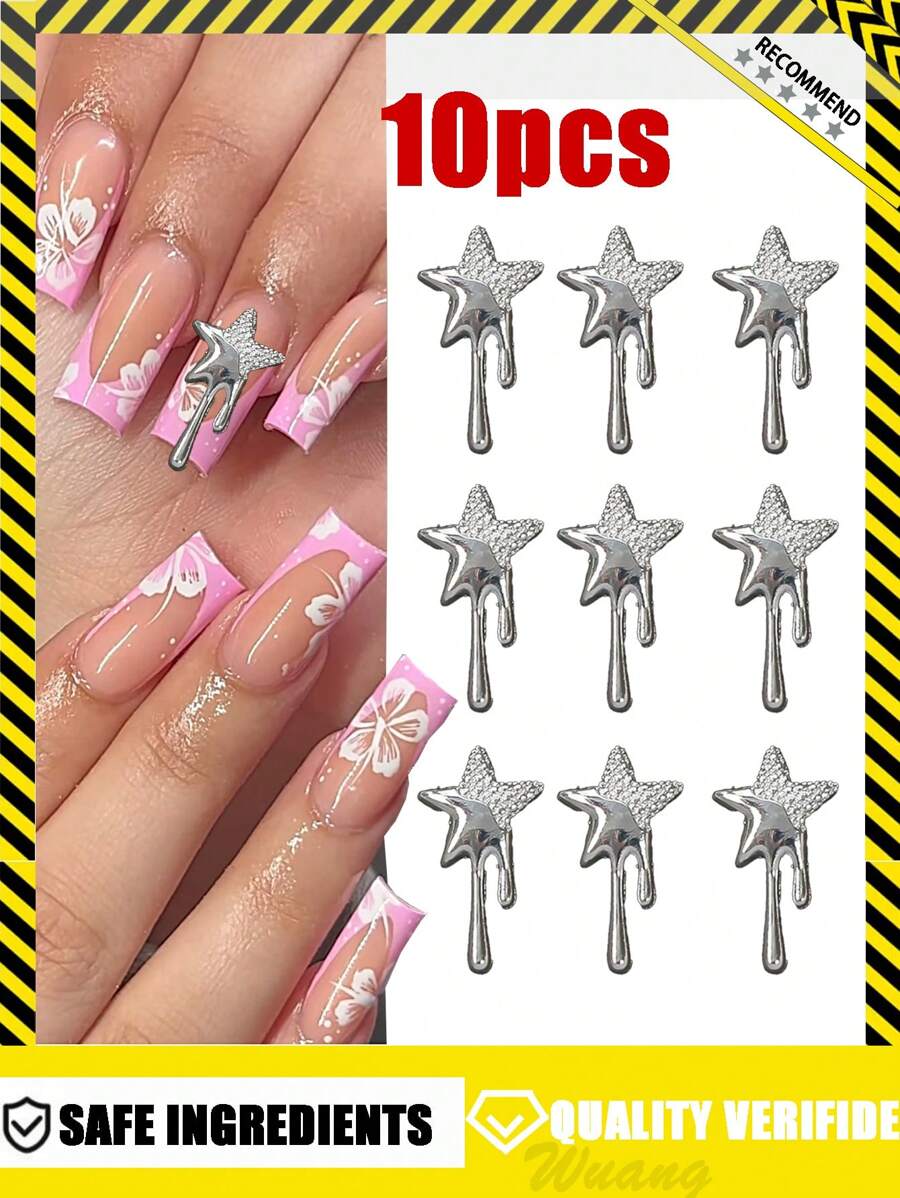 10pcs Luxury Silver Star Nail Jewelry Decorations, 3D Metal Crystal Rhinestone Shiny Nail Art Accessories, DIY Nail Gems For Charming Manicure, Suitable For Women