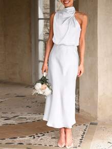 Women's Summer Satin Dress Elegant Sleeveless Fake Neckline Cocktail Gown - trắng - Xem 5