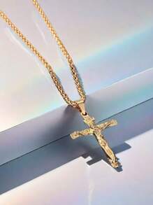 1pc Gold Punk Style Cross Pendant Necklace For Men, Zinc Alloy Material, Fashionable Accessory For Daily Wear