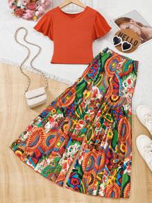 Tween Girl Casual Knitted Top And Retro Fashion Pants Set, Spring/Summer