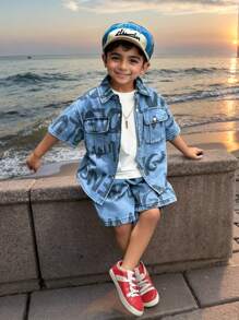 2pcs/Set Little/Toddler Boys' Summer Casual Printed Denim Short Sleeve Top And Shorts Set