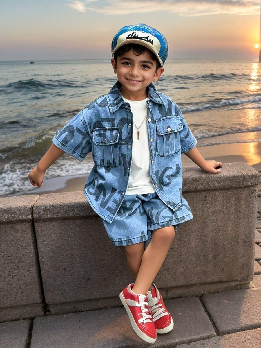 2pcs/Set Little/Toddler Boys' Summer Casual Printed Denim Short Sleeve Top And Shorts Set