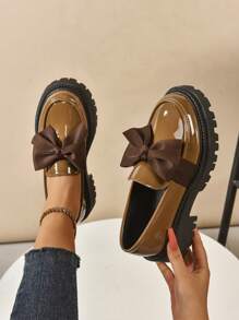 Sweet Style Bowknot Loafers For Women, Round Toe Low Heeled Slip-On Casual Shoes - 2025 New - Khaki - View 2