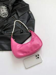 Bolso de hombro con cadena de perlas en forma de media luna con estilo, bolso baguette de hombro con estilo, bolso pequeño de mano, bolso casual para exteriores, bolso versátil para transporte