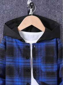 2 pezzi/Set Camicia a quadri con cappuccio per bimbi maschi abbinata a pantaloni di jeans con tasche laterali stile strada cool