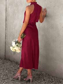 Women's Summer Satin Dress Elegant Sleeveless Fake Neckline Graduation Cocktail Party Maxi Dresses - 暗紅色 - 查看 2
