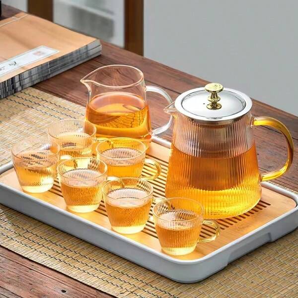 Transparent Borosilicate Glass Teapot, Heat-Resistant Teapot, Flower Tea Pu'er Teapot, Office Homemade Tea Set, Cold Water Kettle, Upright Teapot, Glass Teapot Stove With Vertical Stripes, Detachable Stainless Steel Soaking Pot, Blooming And Leaf Scattering Teapot Teapot