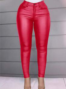 Apperloth A 大码高腰 2 纽扣保暖内衬厚 PU 涂层紧身皮裤，冬季音乐节 - 紅色 - 查看 4