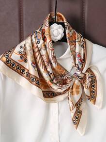 1pc Vintage Printed Lady's Silk Scarf, Soft & Elegant Headband For All Seasons, Multi Purpose Large Square Scarf 70*70cm, Perfect Gift Bandana,Hair Band,Head Band Ideal For Dressing Up Your Look - Beige - View 3