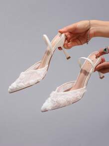 Fall/Winter 2025 New White Lace High Heels, Sexy Pointed Toe Slingback, Breathable Fashion Party Wedding Stilettos Sandals, Elegant, Mule - White - View 1