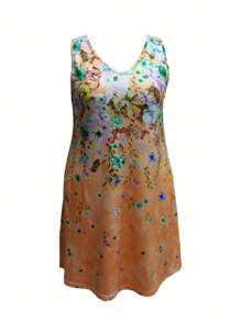 Plus Women's V-Neck Floral Print Sleeveless Tank Dress