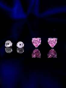 1 Set 5A Grade Cubic Zirconia 925 Sterling Silver Classic Heart Shaped Pink Pendant Necklace And Earrings, Engagement, Daily Party Jewelry Sets For Women, Anniversary Holiday Gifts