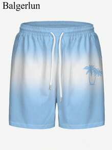 Men's Hawaii Coconut Tree Blue Art Pattern 3D Digital Print Black Casual Daily Holiday Thin Drawstring Beach Shorts - Multicolor - View 2