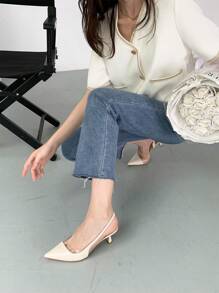 Xin Jing Shoes 女士白色雕塑感高跟鞋，尖头露跟鞋，优雅派对风 - 米色 - 查看 6