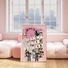 6件套粉色杂志封面墙面艺术印刷品，时尚奢华花卉豹纹帆布画，卧室、客厅或宿舍美学装饰，送她的礼物，不含框 - 彩色 - 查看 3