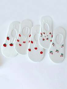 5 Pairs Ladies Cartoon Fruit Print Ultra-Low Cut Invisible Ankle Socks, Won't Slip Down, Spring/Summer/Autumn - Multicolor - View 1