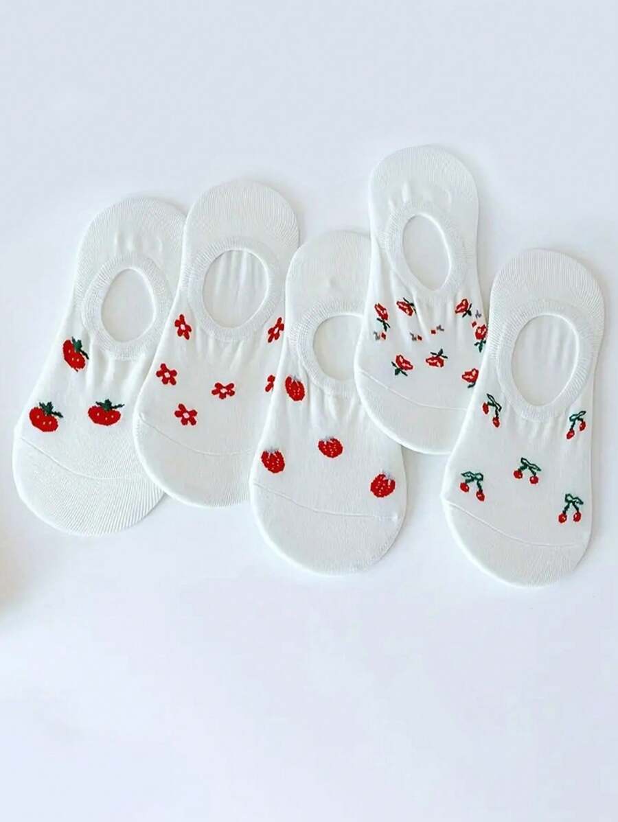 5 Pairs Ladies Cartoon Fruit Print Ultra-Low Cut Invisible Ankle Socks, Won't Slip Down, Spring/Summer/Autumn - Multicolor - View 1