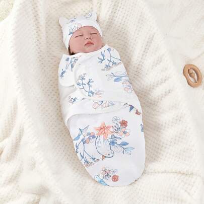 1 套（襁褓 + 帽子）婴儿襁褓毯睡眠襁褓适合 0-3 个月，新生儿可调节襁褓包，婴儿接收毯，可穿戴婴儿毯，易更换襁褓袋，早产儿襁褓毯包裹套装，新生儿可穿戴袋，适合男婴女婴睡眠，镇静惊吓反射，爱不释手