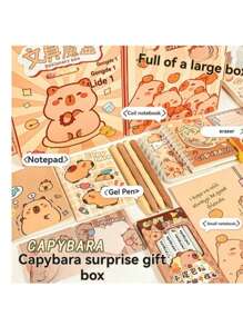 1 caja (8-10 piezas/caja) Bolsas ciegas de papelería de Capybara, cajas ciegas de sorpresa de Muskrat, set de regalo navideño lindo, cajas de sorpresa escolares, del hogar y de fiesta, pequeños regalos de regreso a la escuela (el peso de la caja ciega varía). Incluye libretas, borradores, bolígrafos de dibujos animados, pegatinas, blocs de notas, notas adhesivas, barras de pegamento de dibujos animados, reglas y otros artículos de papelería (los patrones de empaque se distribuyen al azar) (algunos colores y estilos de accesorios se distribuyen al azar)