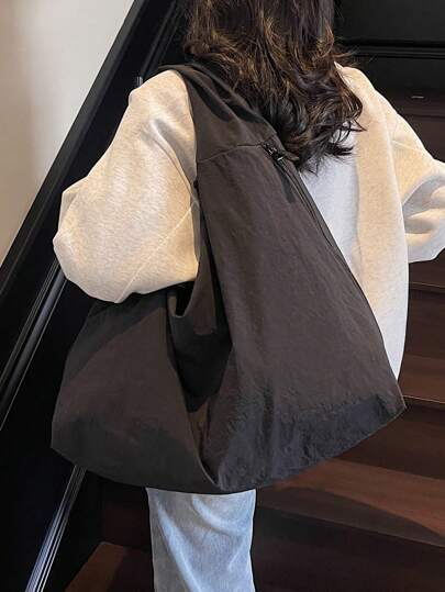 Spring/Summer 2025 New Black Nylon Fabric Bag, Large Capacity Solid Color Shoulder Bag, Casual Versatile College Style Tote Bag, Minimalist Fashion Handbag, Multi-Zipper Side Pockets, Crescent Moon Shape