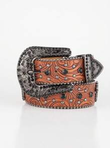 Cinturón unisex de piel de imitación de estilo punk, con hebilla con diamantes incrustados, inspiración en el estilo cowboy occidental, decorado con brillantes, apto para todas las estaciones