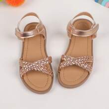 2025 Casual Faux Woven Hook And Loop Plain Color Flat Soft Bottom Fashion Sandals, Summer - Apricot - View 2