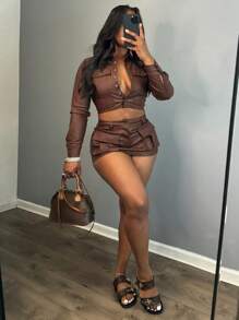 2pcs Set: Solid Color Cropped Leather Jacket & Mini Skirt, Fashion Outfit For Autumn - Coffee Brown - View 1