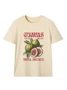 新款柔软百搭女士休闲宽松圆领透气水果印花 T 恤，时尚休闲装，春夏 - 杏色 - 查看 3