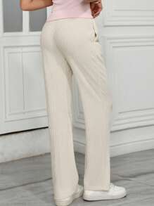 Relaxed Daily Wear Loose Pocket Elastic Waist Textured Stretch Straight Leg Vacation Pants - Apricot - View 2