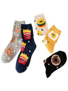3 Pairs Random Assorted Colors Kids Socks Cartoon Cute Hamburger & Fries Pattern Boys Girls Versatile Mid-Calf Socks - Multicolor - View 9