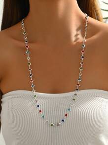 1pc Bohemian Style Random Color Glass Heart Pendant Long Necklace For Women, For Holiday, Party, Shopping - Silver - View 1
