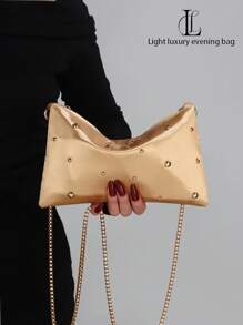 1pc Fashion Solid Color Rivet Embedded Diagonal Crossbody Bag, Elegant & High-End With Luxury Chain, Suitable For Weddings, Parties, Galas, Nightclubs, Gifts, Formal Dress - Gold - View 3