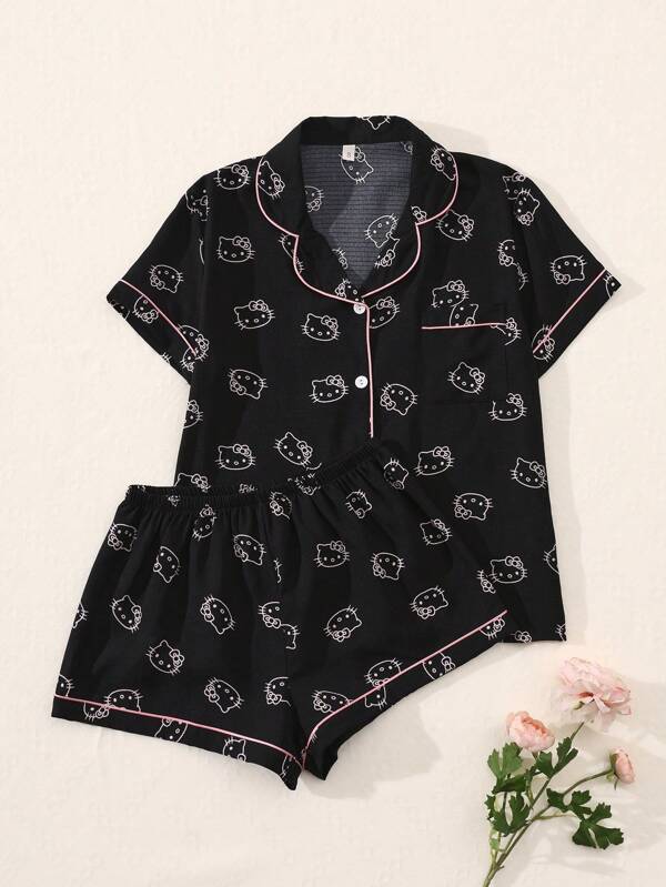 Sanrio Sanrio Authorized 2Pcs/Set Women's Hello Kitty Printed V-Neck Button Short Sleeve Single-Breasted Top And Bow Pants Pajama Set,Summer Pajama Set, Comfortable For Home Use