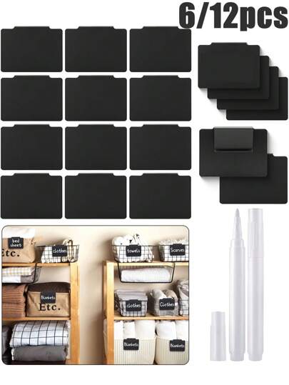 6/12pcs Basket Labels Clip On With Chalk Markers,Removable Storage Bins Chalkboard Labels,Reusable Storage Bins Pantry Labels Clip,Black Plastic Clip On Labels,Basket Tags,Bin Clips