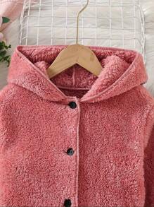Girls Winter Plush Solid Color Hooded Button Waist Design Girls Jacket Coat.