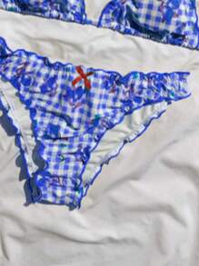 2pcs Lemon Yellow Plaid Print With Red Bow Swimwear Set, Removable Swimwear Pads, Beach Vacation Outfits, Swimsuit, Summer Dresses For Women, Summer Clothes Women, Festival, Ibiza Outfits, Swimwear Women, Bikini Set, Swimming Costume Women, Beach Wear Women, Holiday Coord, Beach Dress, Bikinis For Women Sets - Blue Purple - View 9