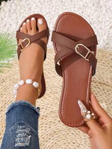 Damen Lässig Cross-Band Flache Slide Sandalen, Metall-Schnallen-Dekor, offene Zehenpartie, modisch und bequem für den täglichen Gebrauch, Strand & Urlaub, Sommer Essentiell, leicht, Material Kunstleder, Freizeitschuhe, Urlaubsreiseschuhe, Festival-Feiertagsschuhe, Neuankömmling für den Sommer, Beliebte Modepantoletten, Kreuz-Riemen-Element, empfohlene Flache Slide Sandalen