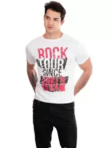 Camiseta de Hombre de Manga Corta con Estampado ROCK TOUR. - Blanco - Ver 1