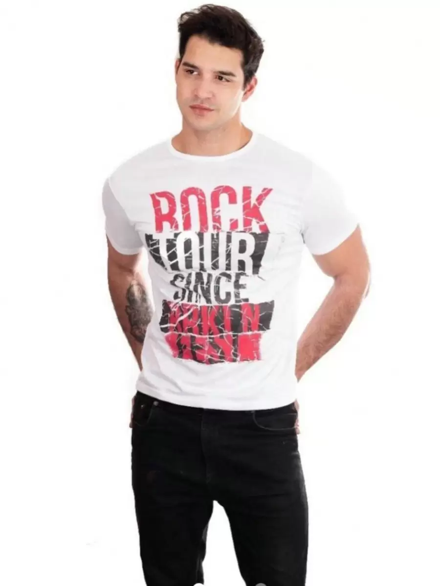 Camiseta de Hombre de Manga Corta con Estampado ROCK TOUR. - Blanco - Ver 1