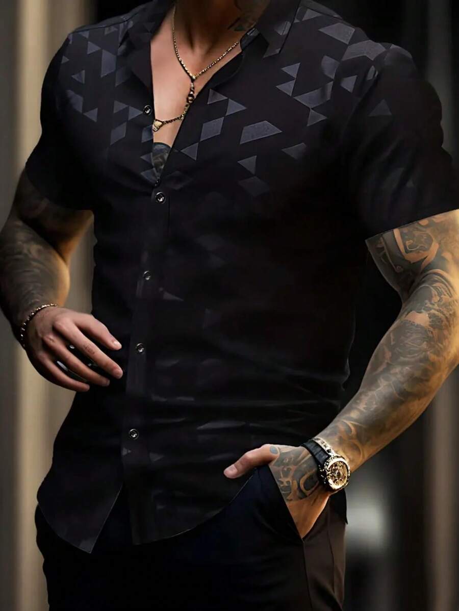Men's Geometric Print Short Sleeve Shirt, Black, Fashion Summer Casual Business Versatile