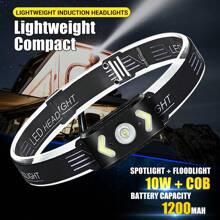 Hoofdlamp met 5-standensensor, snel opladen via Type-C, 1200 mAh, lange levensduur, handgolfsensor + COB-vullicht, geschikt voor nachtvissen, wandelen en hardlopen