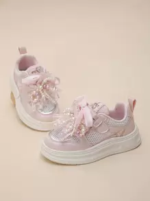 Girls' Spring Athletic Lace-Up Sneakers, Bowknot Rhinestone Decor, Kids Casual Running Shoes